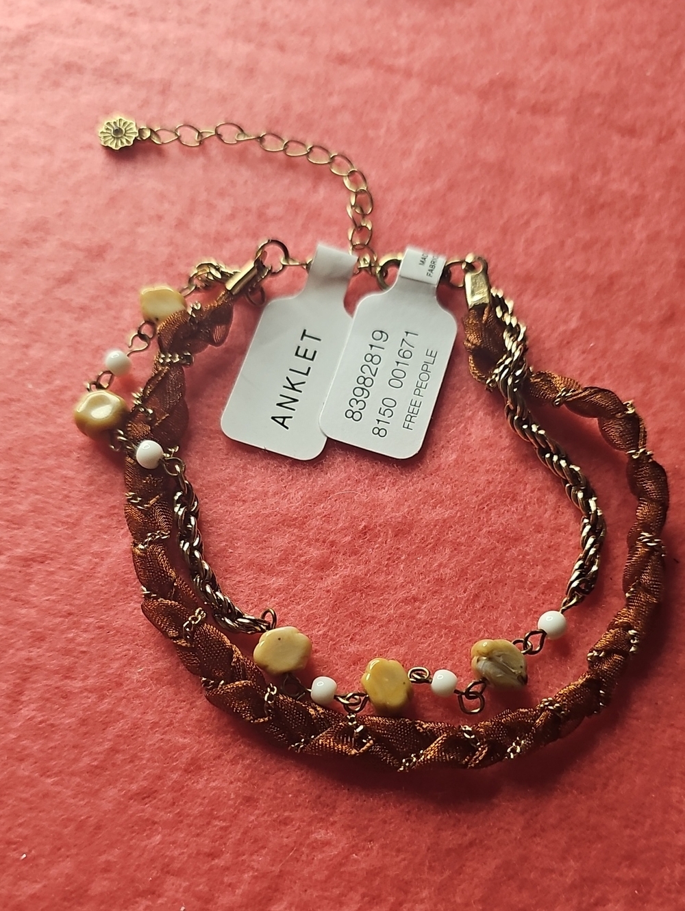 Free People Brown and Gold Braided Anklet with Cream Beads